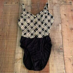Jantzen women vintage black white and gold geometric shaped one piece swimsuit